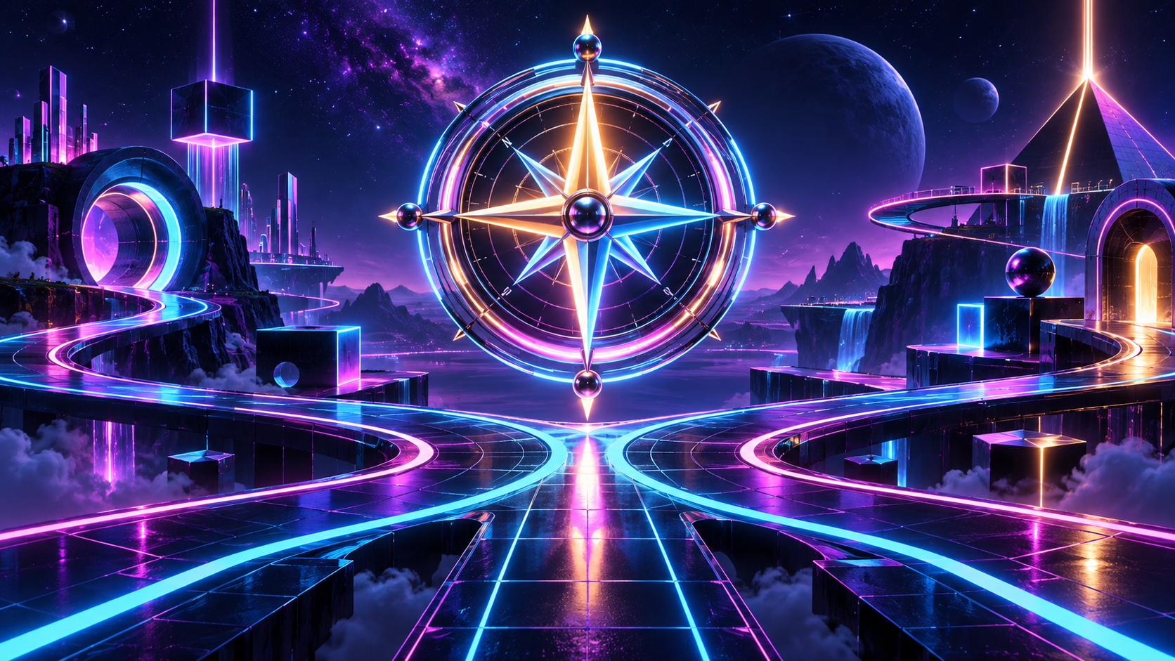 A luminous compass above branching neon paths in a retro-futurist world