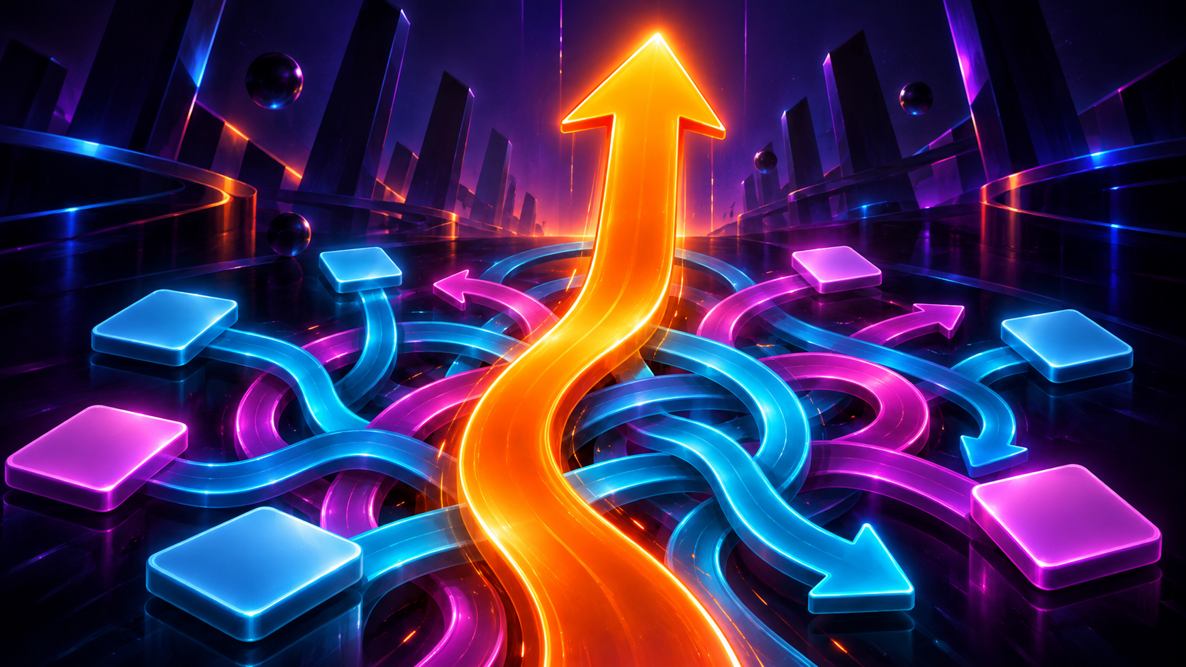 One bright arrow finding a clear path through a tangle of neon routes and task tiles