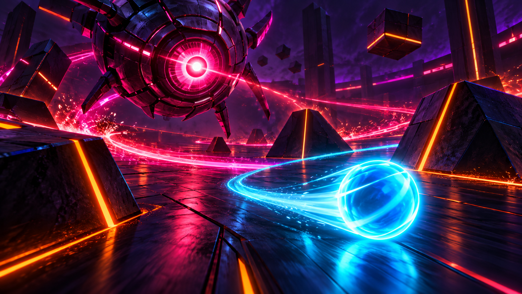 A cyan player orb dodging a magenta robotic hunter and glowing hazards